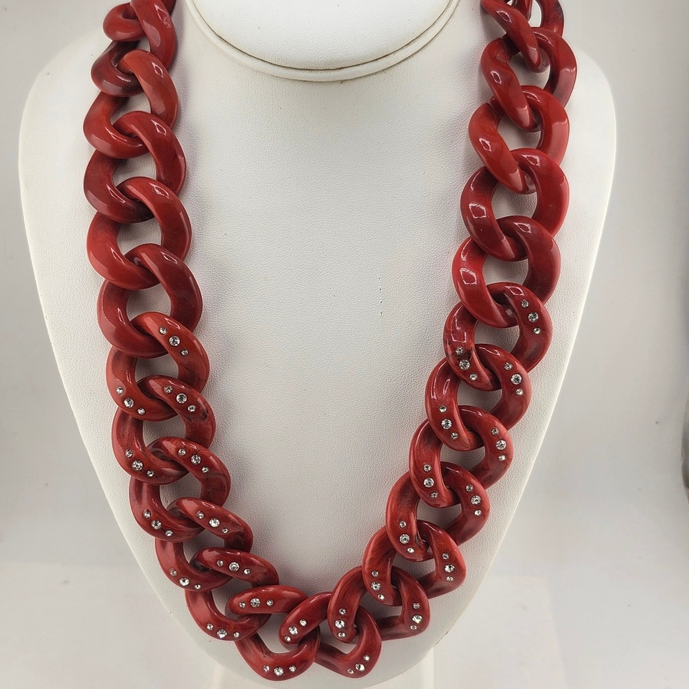 Chunky Red Chunky Link Necklace Rhinestone Accents Gold Tone Clasp Statement